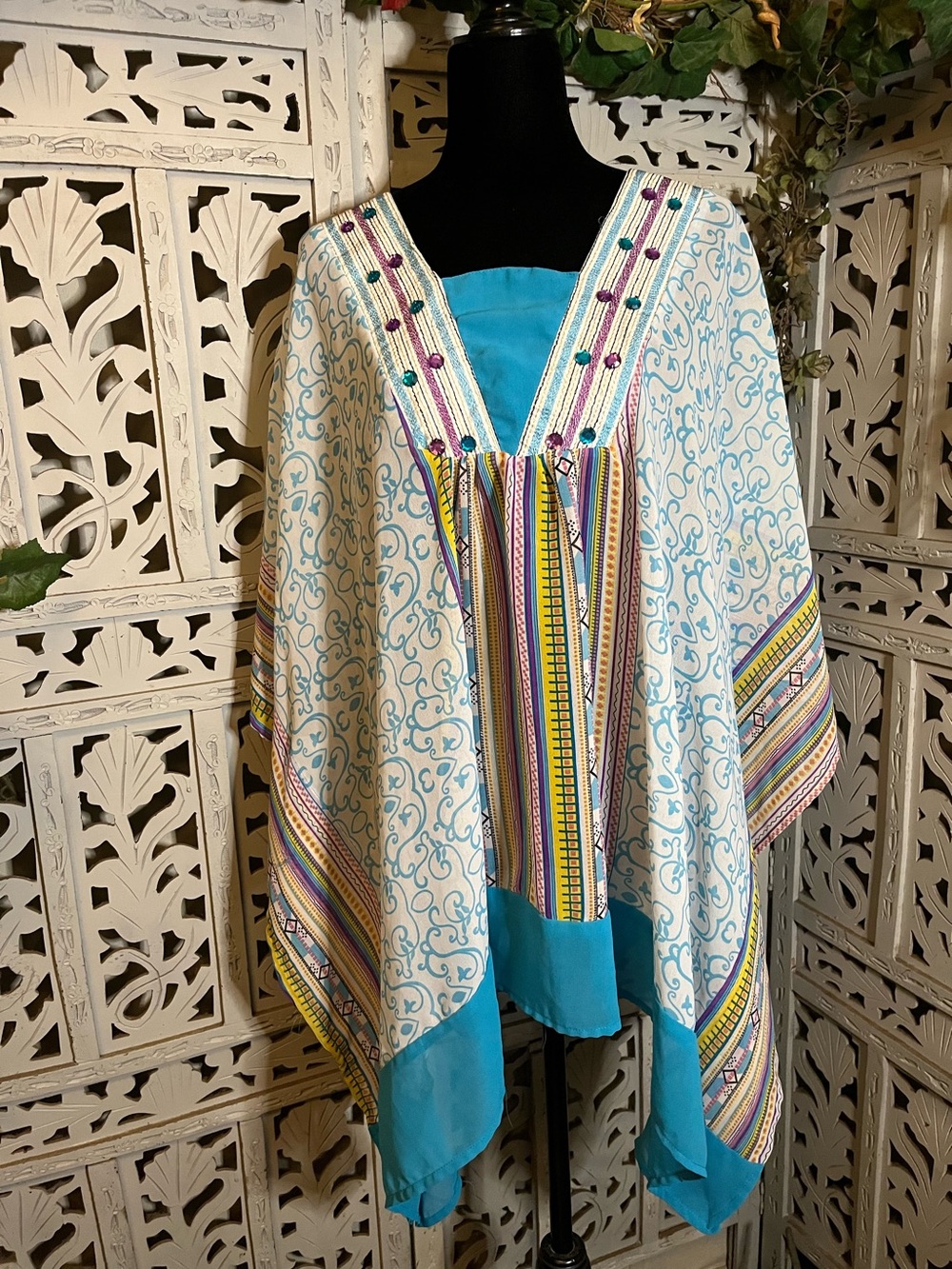 ERICA BROOKE BOHO EXCELLENT TURQUOISE & MULTICOLOR PATTERN ANGEL WING KAFTAN TOP